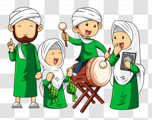 Eid Ul Adha - Family Celebration With Drum And Green Clothes Transparent PNG