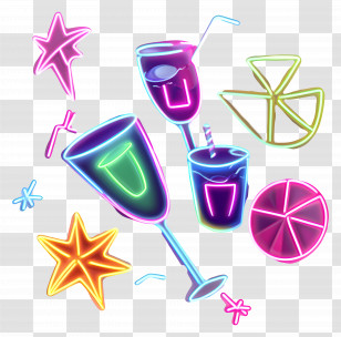 Party Neon - Neon Drink Glasses And Fruit Slices Design Transparent PNG