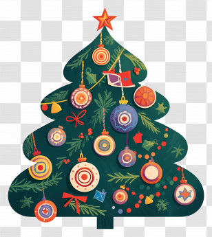 Whimsical Christmas Tree - Decorated Christmas Tree With Ornaments And Star Transparent PNG