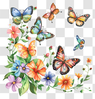 Butterflies - Colorful Butterflies And Flowers Illustration Transparent PNG