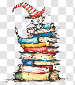 Read Across America Day - Cat With Striped Hat On Stack Of Books Transparent PNG