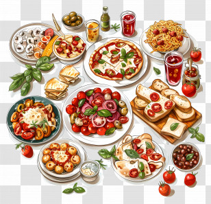 Italian Cuisine - Colorful Italian Dishes And Their Table Presentation Transparent PNG