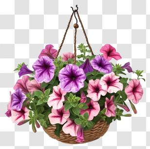 Elegant Petunia Flower Hanging Basket Vector Draw Design - Hanging Flower Basket With Blossoms Transparent PNG