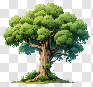 Doodle Style Big Tree - Illustrated Green Tree With Vibrant Leaves Transparent PNG