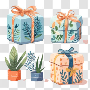 Christmas Present - Beautiful Gift Boxes With Plants And Botanical Decorations Transparent PNG