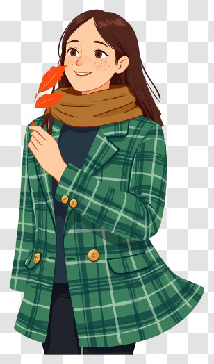 Hand Drawn Autumn Greetings - Woman In Green Plaid Coat With Scarf Transparent PNG