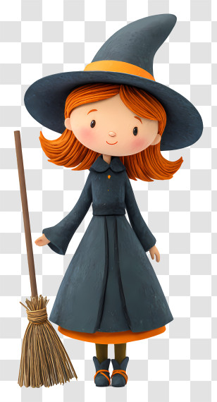 Witch Girl Holding Broom Stick - Girl In Witch Costume With Broom Transparent PNG