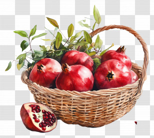 Pomegranate Watercolor - Basket Of Fresh Pomegranates With Leaves Transparent PNG