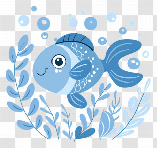 Fish Cartoon - Blue Fish With Bubbles Transparent PNG