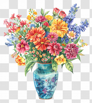 Flower Bouquet - Vase With Vibrant Blooming Flowers Illustration Transparent PNG