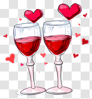 Hand Drawn Valentine Wine Glasses - Wine Glasses With Hearts For Romantic Celebration Transparent PNG