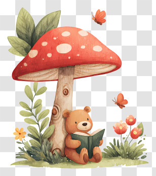 Bear Reading Book - Bear Reading Under A Mushroom Transparent PNG