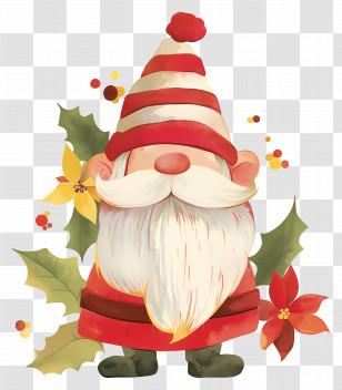 Cute Christmas Gnome - Santa Claus Cartoon With Holly Leaves And Poinsettia Transparent PNG