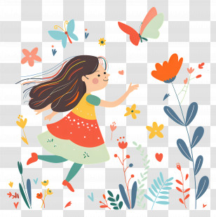 Girl - Girl Playing With Butterflies And Flowers Transparent PNG