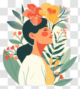 Renewal Day - Artistic Woman With Flowers And Plants Illustration Transparent PNG