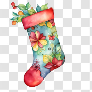 Christmas Stocking - Festive Christmas Stocking With Floral Design Transparent PNG