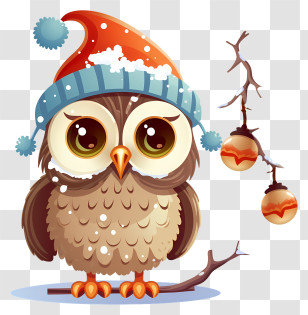 Cartoon Owl - Cute Owl With Winter Hat On A Branch Transparent PNG