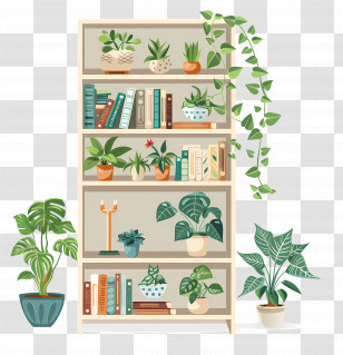 Modern Home Interior - Bookshelf With Plants And Decor Elements Transparent PNG