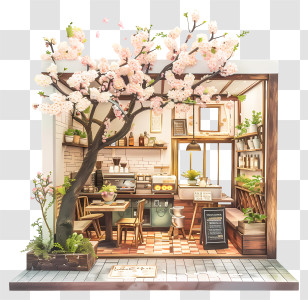 Spring Coffee Shop - Miniature Cafe With Cherry Blossom Tree Transparent PNG