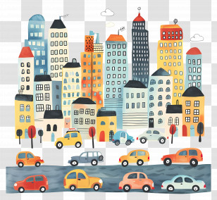 Cityscape - Colorful Urban Cityscape With Cars Transparent PNG