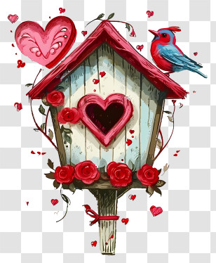 In The Style Of Romantic Illustration - Heart-Themed Birdhouse With Red Bird Transparent PNG