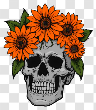 Halloween Skull Flowers - Artistic Skull With Sunflowers Transparent PNG