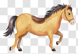 Cartoon - Illustrated Brown Horse With Saddle Transparent PNG