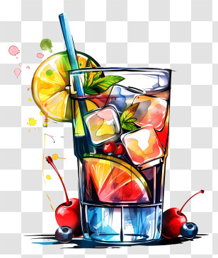 Cocktail Day - Colorful Cocktail With Fruit Garnish Illustration Transparent PNG