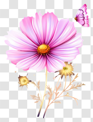 Realistic Cosmos Flower - Pink Cosmos Flower With Butterfly Illustration Transparent PNG