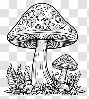 Mushroom Coloring Page - Line Art Of Mushrooms In Nature Transparent PNG