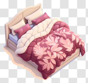Bed With Floral Blanket - Cozy Bed With Floral Blanket And Pillows Transparent PNG
