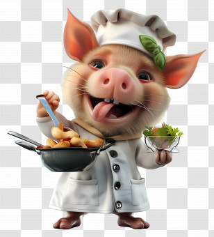 Animal - Cartoon Pig Chef Holding Food Transparent PNG
