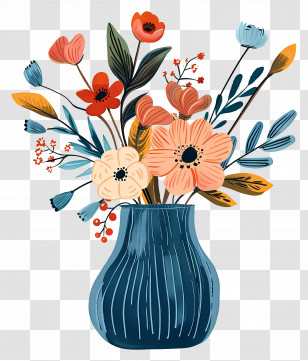 Blue Vase - Illustrated Floral Arrangement With A Blue Vase Transparent PNG