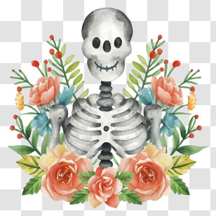 Skeleton Art - Skeleton With Beautiful Floral Decorations Transparent PNG