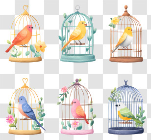 Birds In Various Cages - Six Pastel Caged Birds Set Transparent PNG