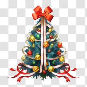 Christmas Tree - Decorated Christmas Tree With Ornaments And Ribbons Transparent PNG