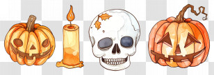 Halloween Decor - Spooky Halloween Illustration: Pumpkins, Skull, Candle Transparent PNG