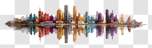 City Scape Artwork View - Colorful City Skyline With Reflection Transparent PNG