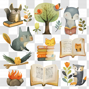 Book - Woodland Animals With Books Cartoon Illustration Transparent PNG