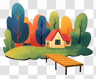 Lake House - Colorful Autumn Landscape With House And Bridge Transparent PNG