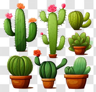 Doodle Succulents - Assorted Potted Cacti With Flowers In Cartoon Style Transparent PNG