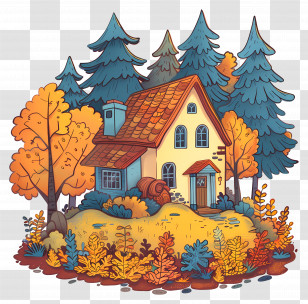 Residence In Fall - Small Cute Doodle House In Autumn Forest Transparent PNG