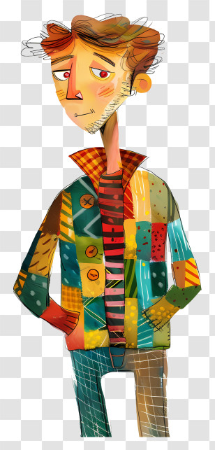 Whimsical Cartoon Man - Character With Patchwork Jacket In Cartoon Style Transparent PNG