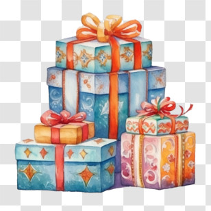 Watercolor Christmas Gifts - Colorful Stacked Gift Boxes With Ribbons Transparent PNG