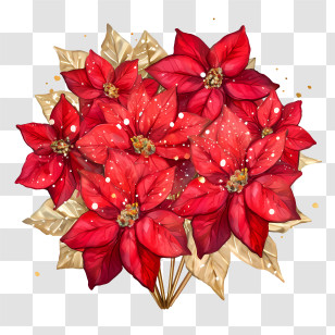 Poinsettia Flower - Red Poinsettia Bouquet With Golden Leaves Transparent PNG