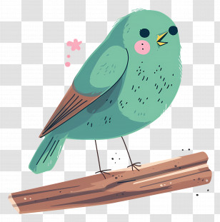 Kawaii Bird - Green Cartoon Bird Sitting On Twig Transparent PNG