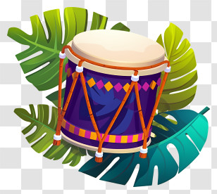 Drum - Colorful Drum With Tropical Leaves Design Transparent PNG