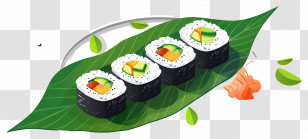 Sushi On Leaf - Sushi Rolls On A Decorative Leaf Background Transparent PNG