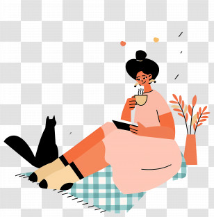 Drinking Coffee - Woman Relaxing With Cat And Autumn Leaves Transparent PNG