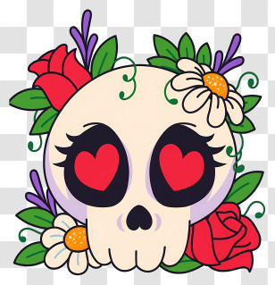 Halloween Skull Flowers - Heart-Eyed Skull With Flowers Transparent PNG